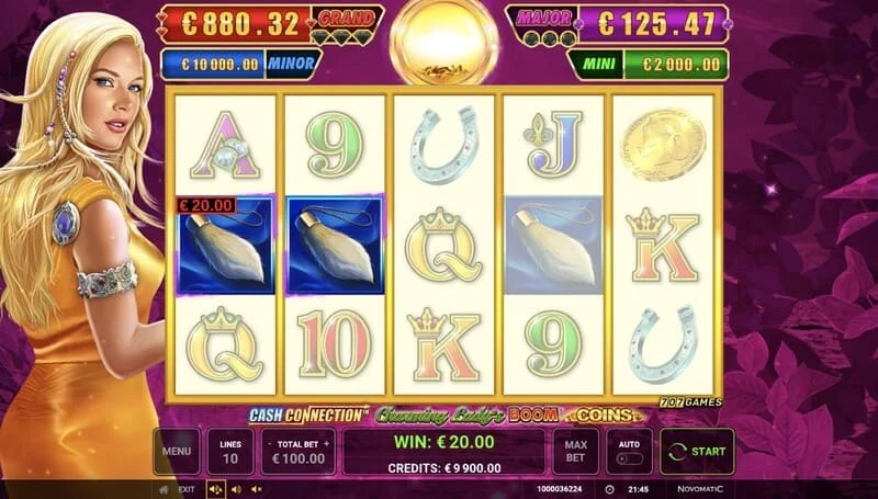 Cash Connection - Charming Lady's Boom Coins - tela básica com ganho de linha