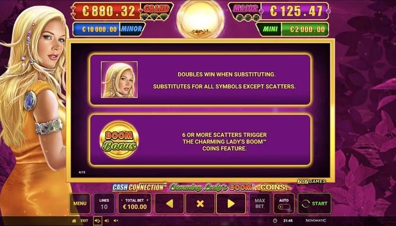 Cash Connection - Charming Lady's Boom Coins - início da rodada Boom Coins em uma grade 7x5