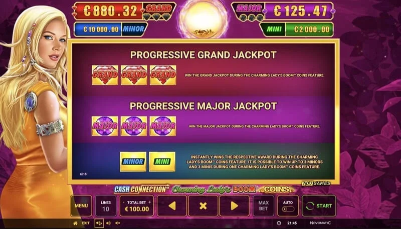 Cash Connection - Charming Lady's Boom Coins - tabela de Jackpots Mini, Minor, Major e Grand
