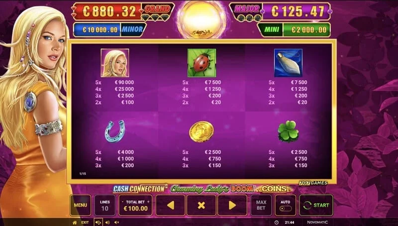 Cash Connection - Charming Lady's Boom Coins - minijogo Boom Spins em uma grade expandida